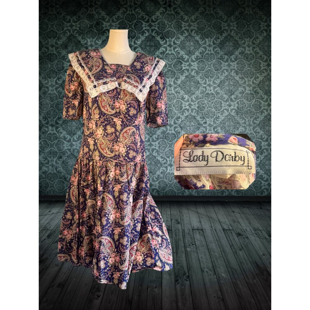 Volup Vintage 80s Lady Dorby Purple Paisley Lace Collar Drop Waist Dress 20W - Picture 5 of 7